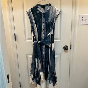 Donna Karan Navy, teal and white  Brushstroke Tie-Waist Midi Dress